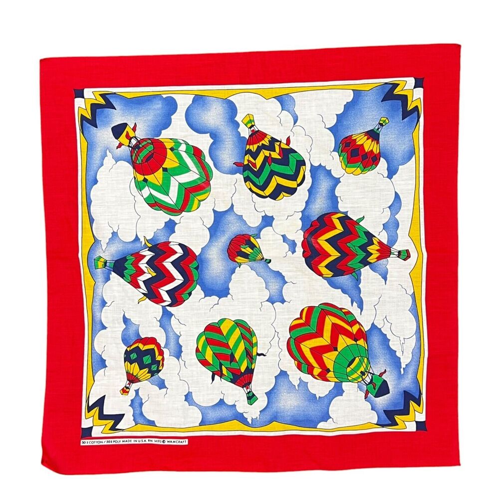 Vtg 21.5" Wamcraft Bandana Hot Air Balloons In Flight USA Cotton Blend Colorful